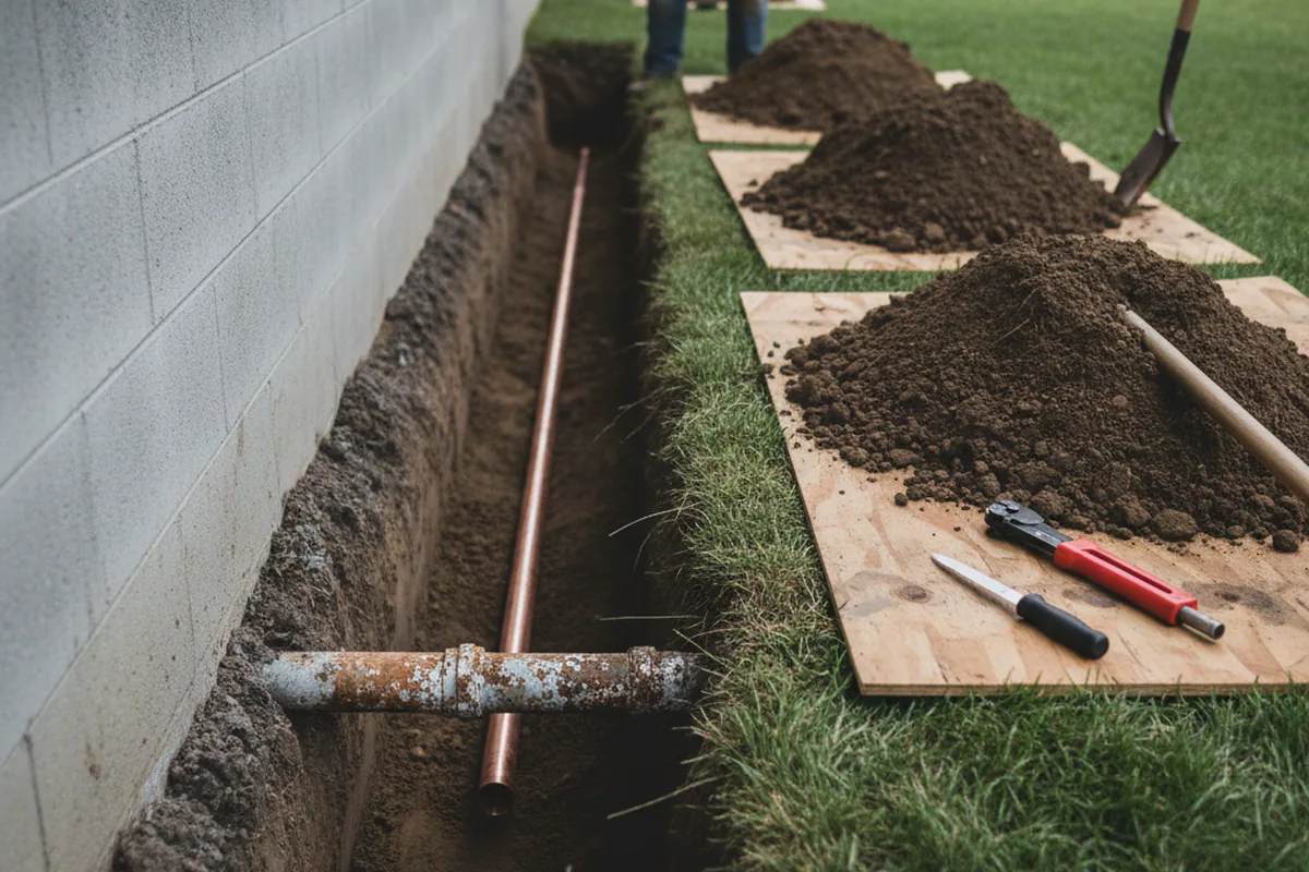 Excavated water line trench during Water Heater Repair in Rollinsville